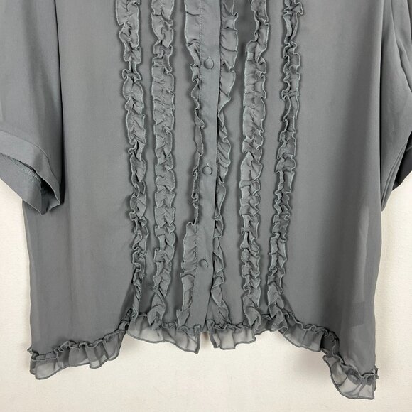 Norma Kamali Blouse Womens XXL Gray Sheer Button Down Ruffle Bib Whimsical - Picture 4 of 10